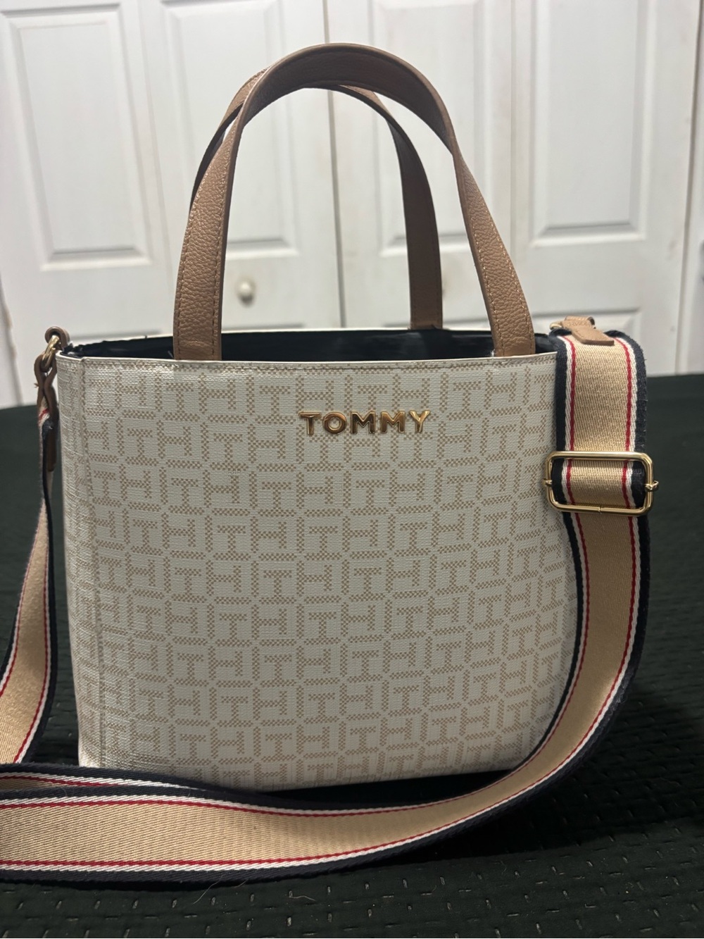 Tommy Hilfiger Cream & Tan Signature Logo Satchel with Striped Strap